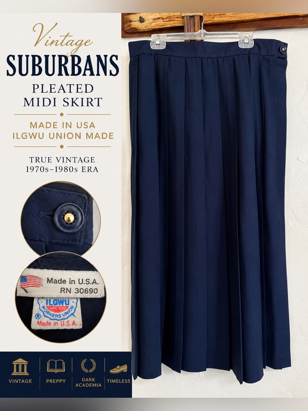 Vintage USA Suburbans Navy Pleated Midi Skirt ILGWU Union Made Preppy